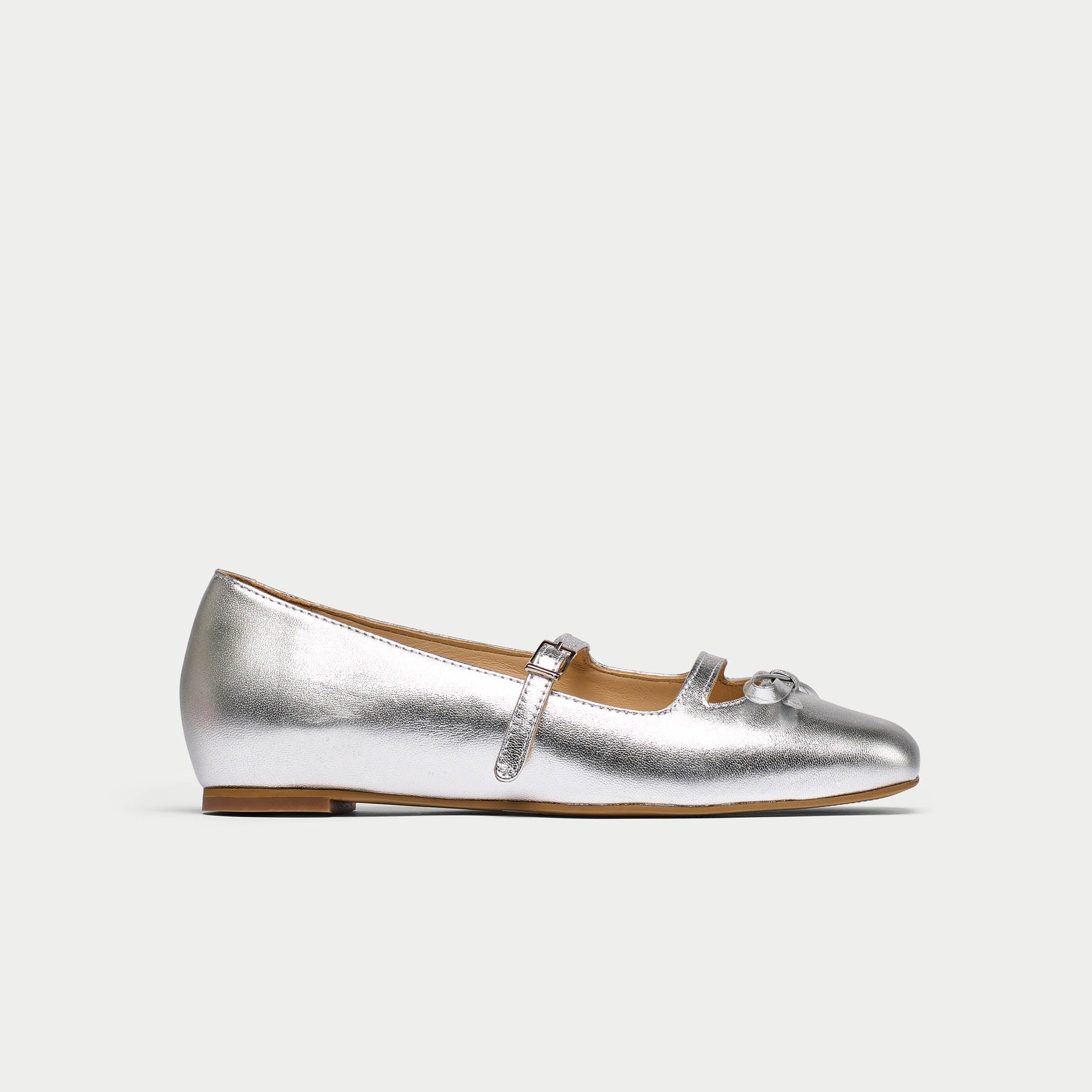 Alexa - Silver Leather Ballerinas with Bow - Image 2
