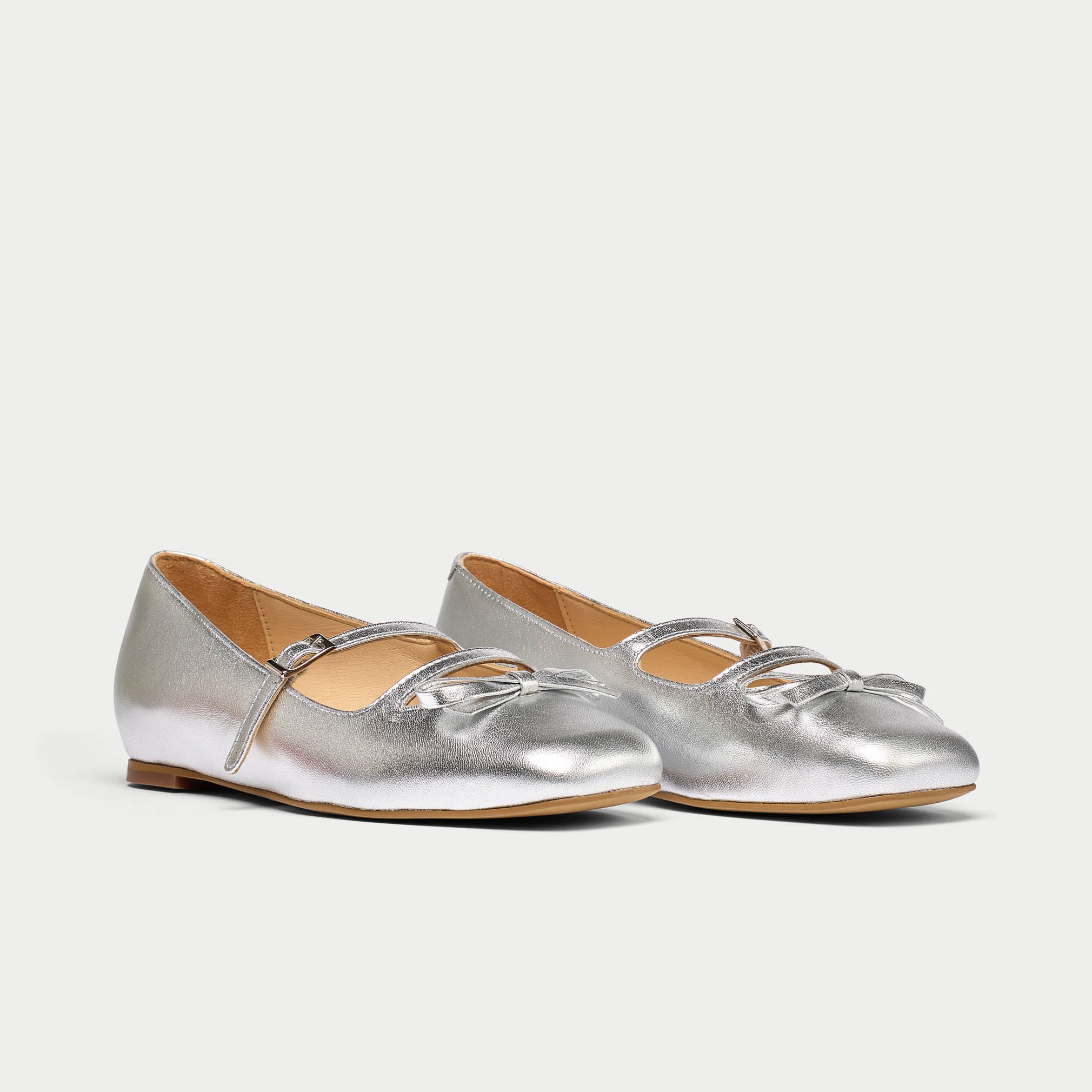 Alexa - Silver Leather Ballerinas with Bow - Image 3