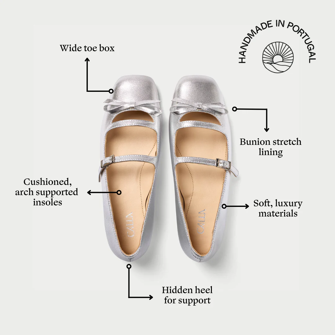 Alexa - Silver Leather Ballerinas with Bow - Image 5