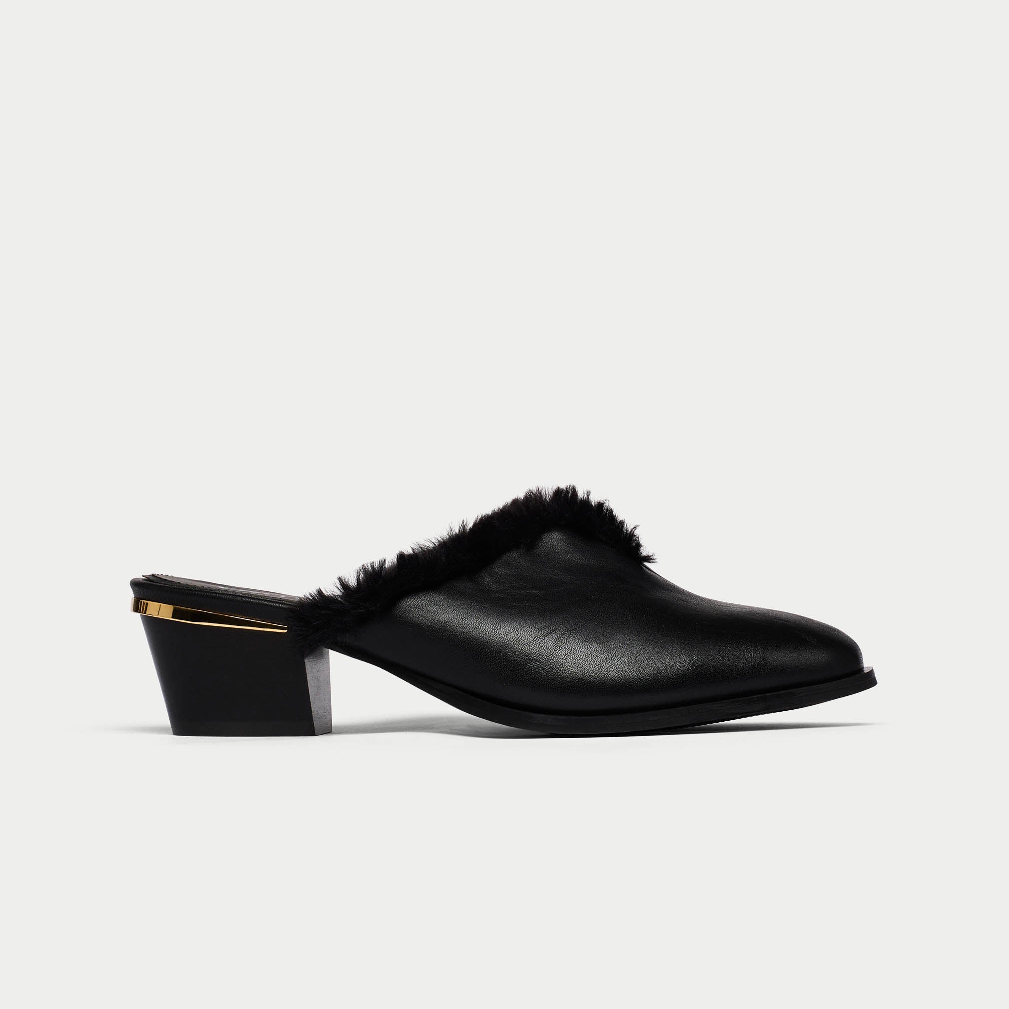Eden - Black Leather and Fur Mules