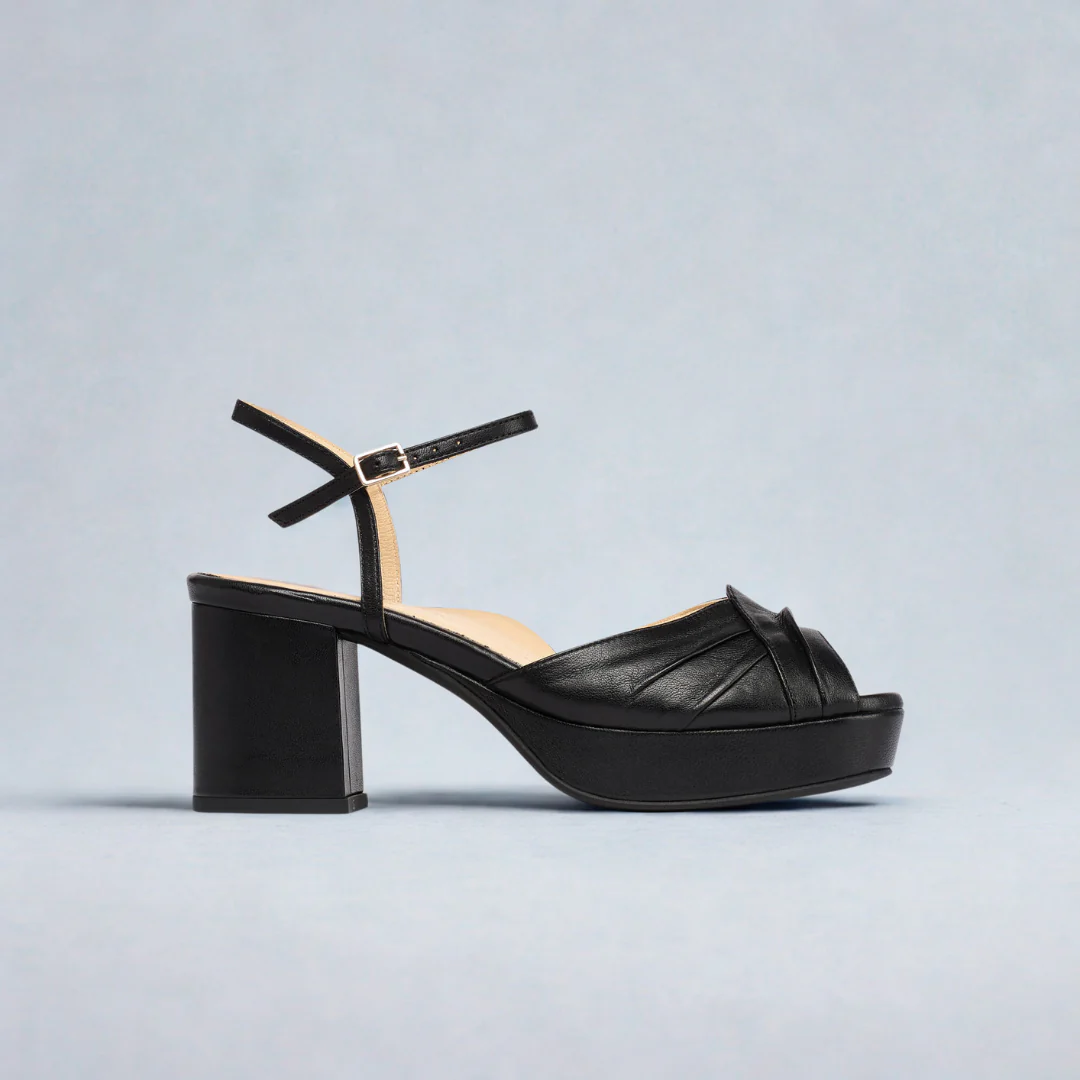 Lottie - Black Leather Block Heels