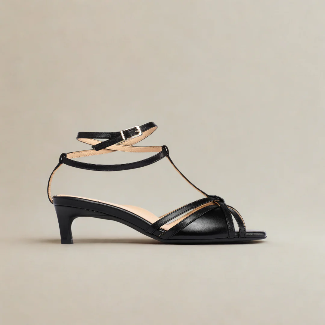 Ria - Black Leather Kitten Heels