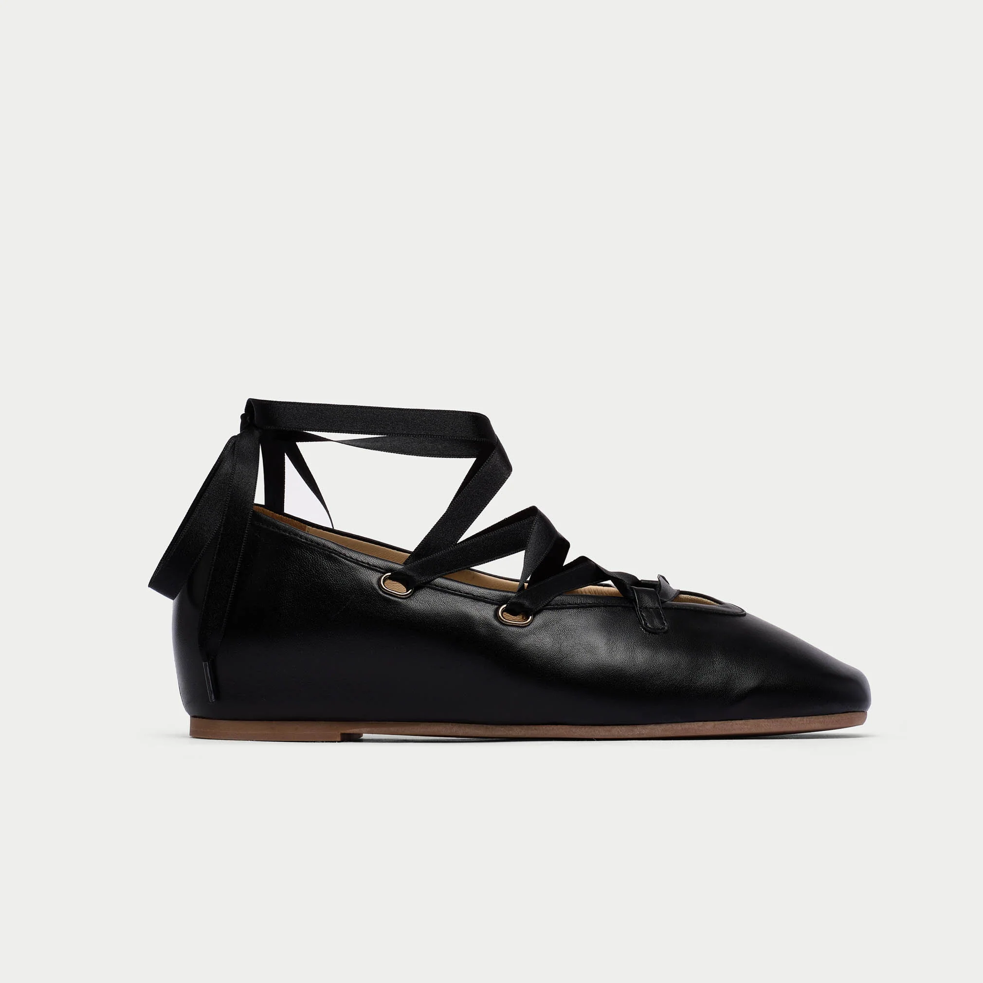 Tilly - Black Leather Ribbon Tie Ballerinas - Image 3