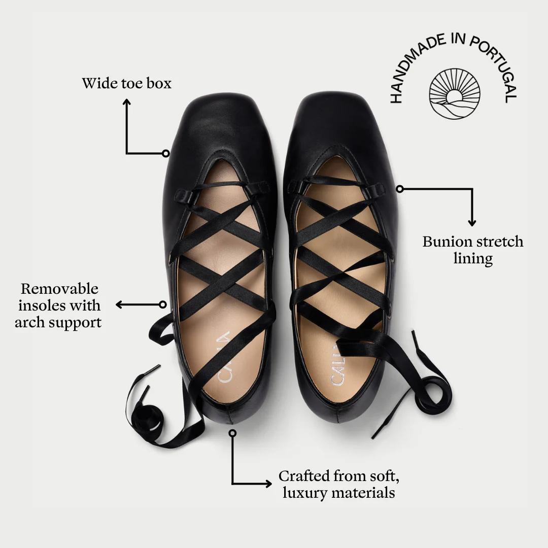 Tilly - Black Leather Ribbon Tie Ballerinas - Image 7