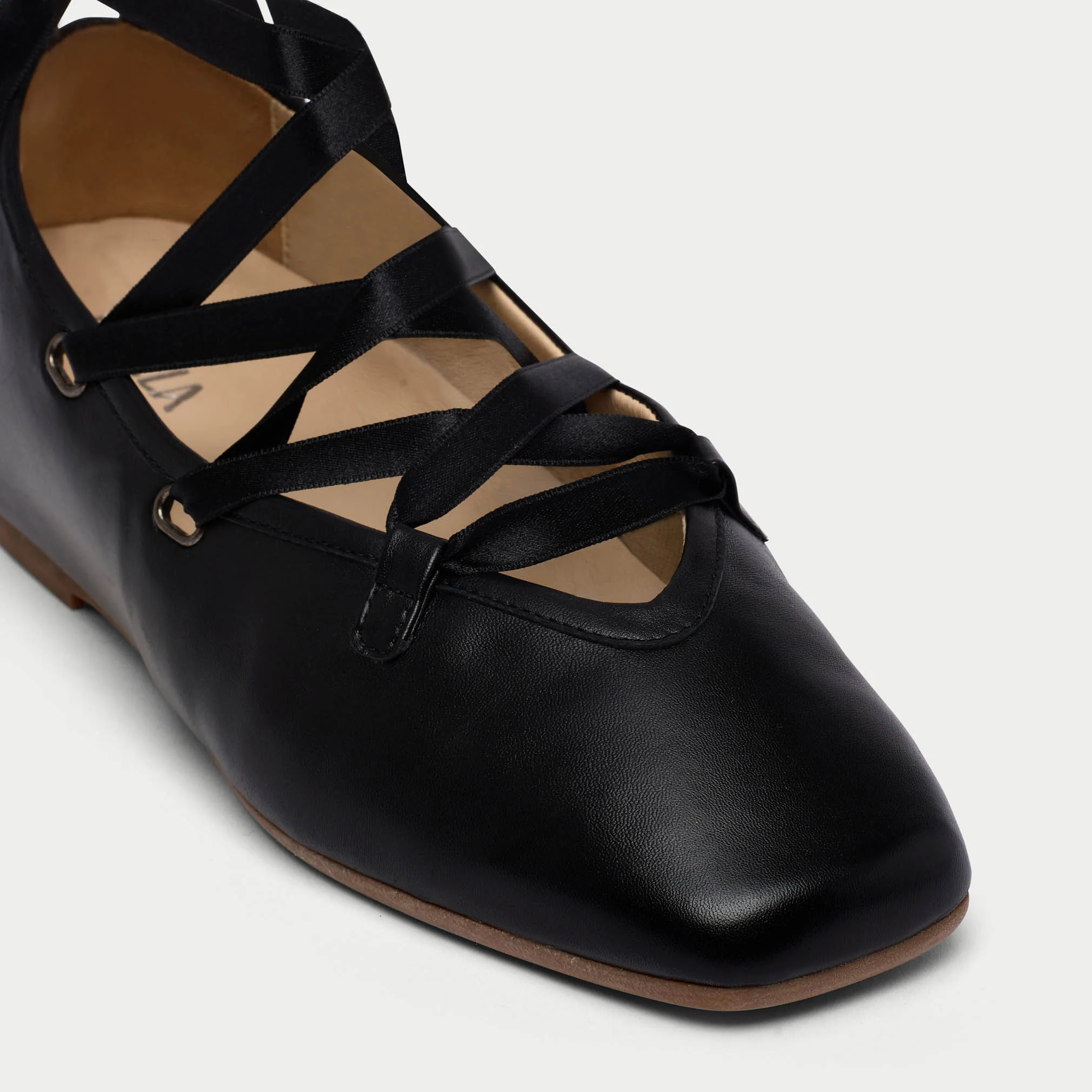 Tilly - Black Leather Ribbon Tie Ballerinas - Image 8